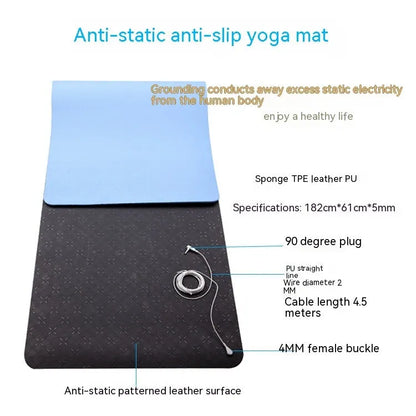 Blue conductive yoga mat with plants pattern, grounding wire, and non-slip surface, showing 182cm length and 5mm thickness.