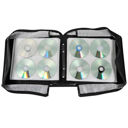 Black Oxford fabric CD and DVD storage organiser case with top carry strap and zipper closed.