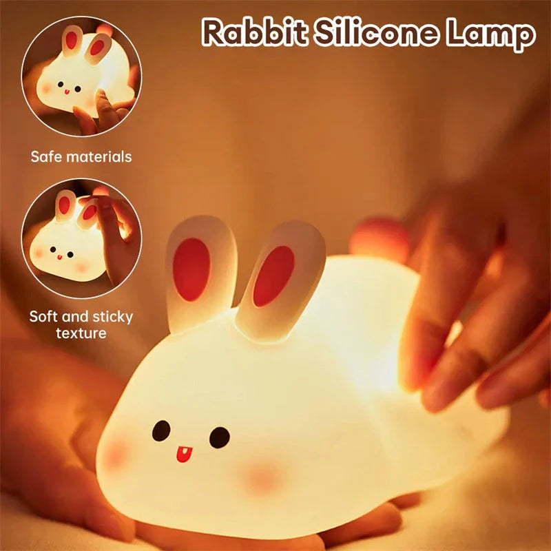 Adorable LED night light with soft silicone design and rabbit face, perfect for kids' bedrooms