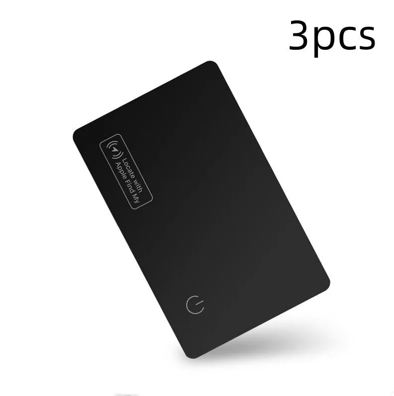 Black ultra-thin anti-loss alarm card for Apple devices, shown next to a credit card for size comparison.