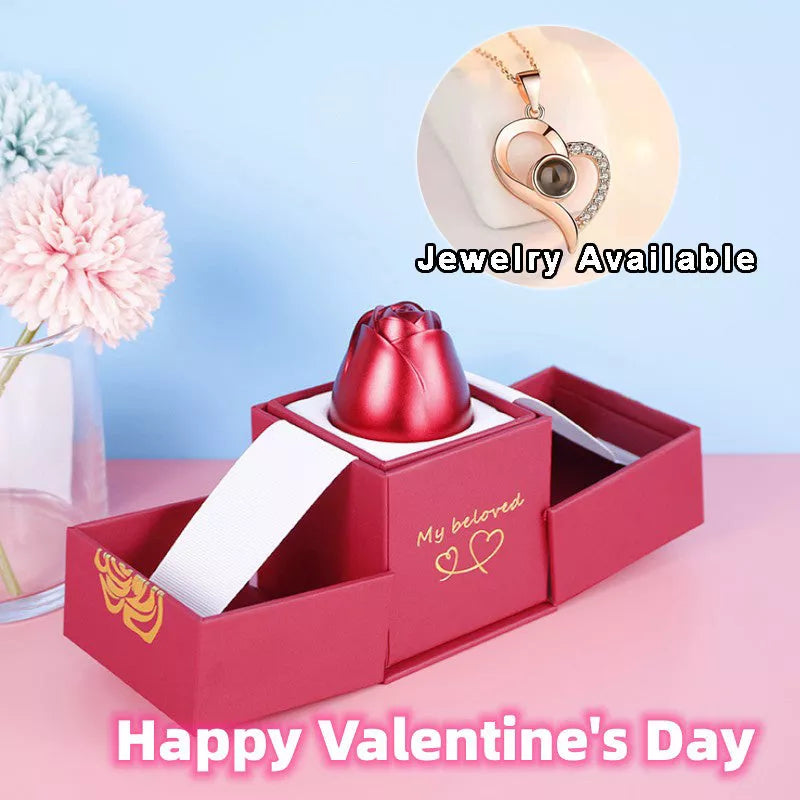 Valentine's Day Metal Rose Jewelry Gift Box Necklace with adjustable crystal necklace and maroon gift box