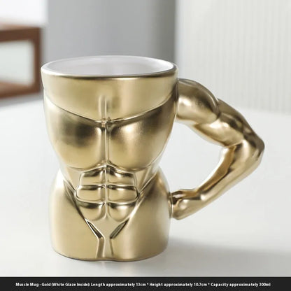 Men's ceramic mug with embossed muscular arm design in matte black finish, 300ml capacity