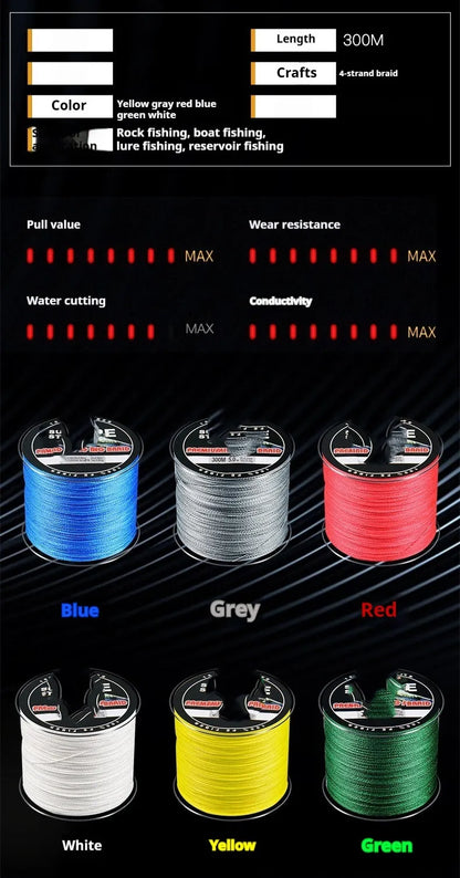 Spool of Dali Mayu 300 metre PE fishing line showing multiple colour options and line number thickness choices.