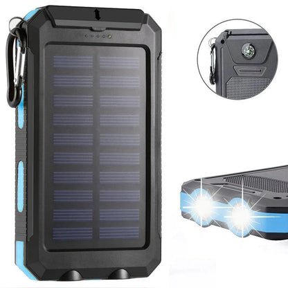Black solar power bank with compass display and dual LED lights, showing 20000mAh capacity label.