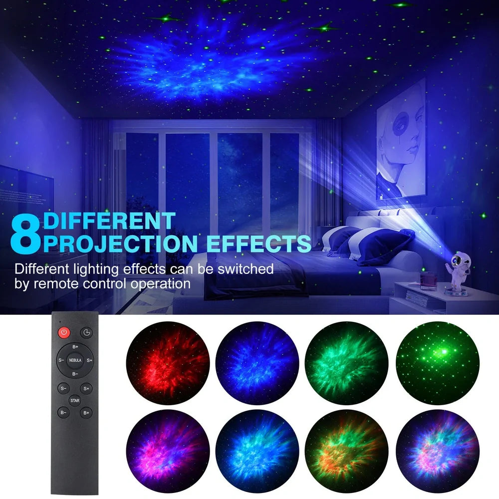 White enamel astronaut starlight projection lamp on base, projecting northern lights and stars, size 22.5 x 12.5 x 12.5cm, USB powered