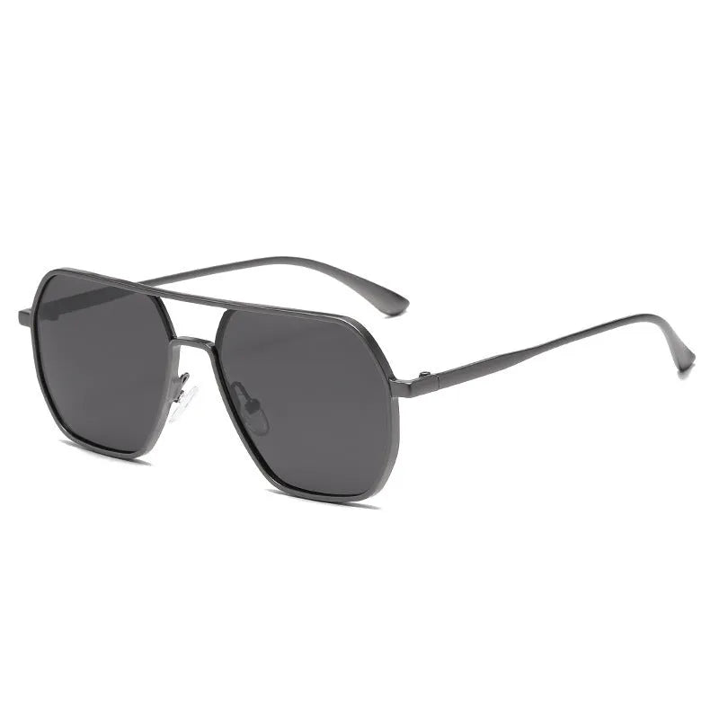 Men's polarised sunglasses with black frame and grey lenses for driving and outdoor sports.