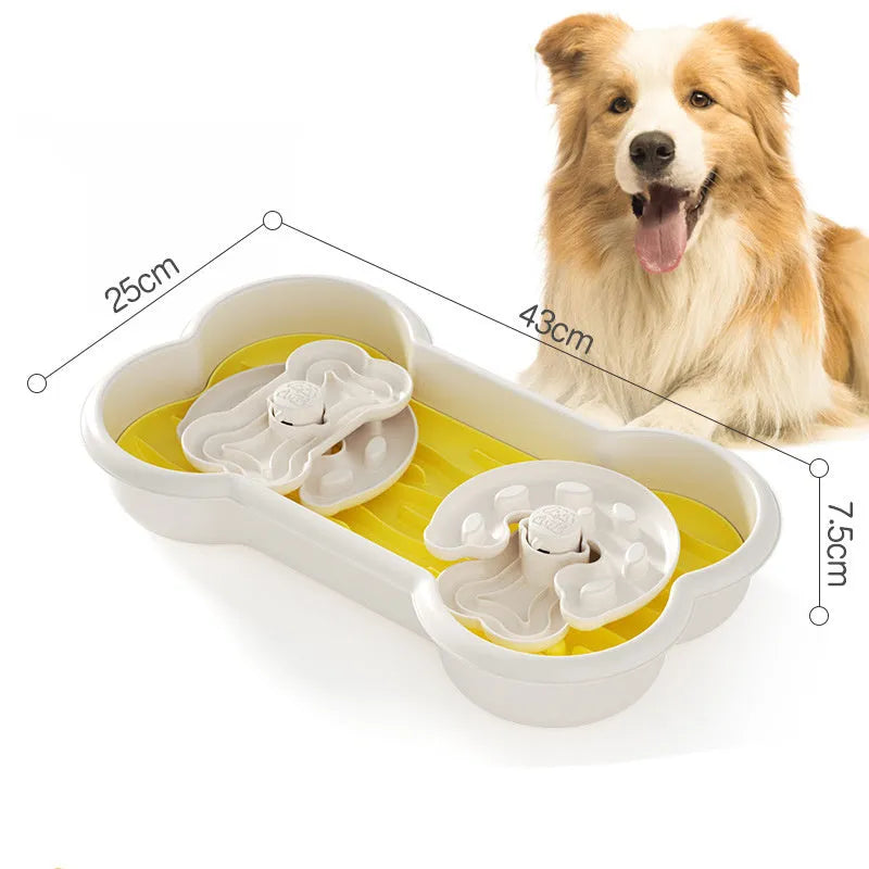 Green, pink, and yellow large slow feeder dog bowl with three puzzle trays and suction cups.