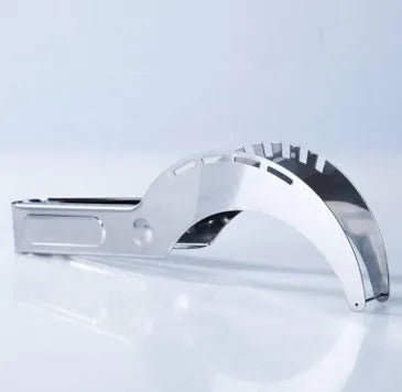 Silver stainless steel melon cutter for slicing watermelon and other large fruits.