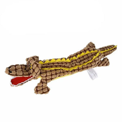 Crocodile-shaped plush dog toy with corduroy texture in blue, coffee brown, or grey colour options