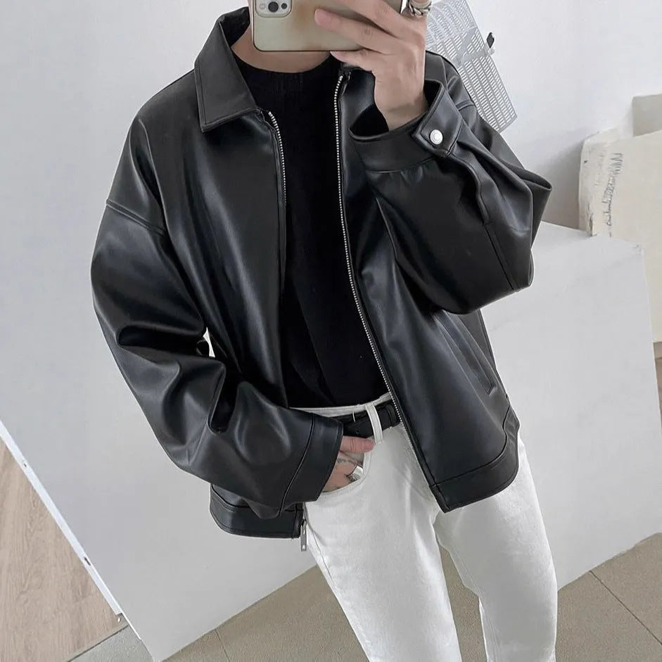 Men's black Korean leather casual baseball jacket, loose fit, side seam pockets, sizes M to 3XL