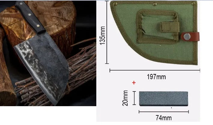 Hand-made stainless steel meat cleaver with a 17cm round head blade on a kitchen surface.