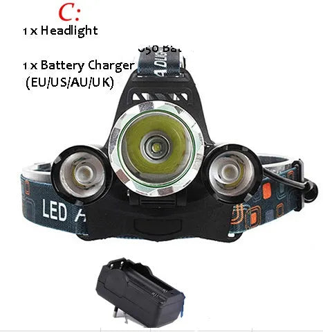 Rechargeable aluminium LED headlamp with adjustable elastic headband and Hawkeye lens.