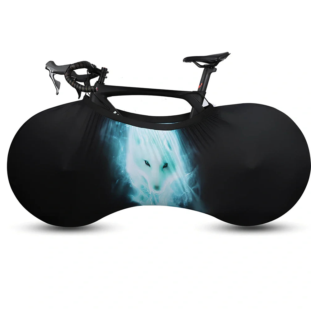 Black polyester-spandex bicycle wheel dust cover, 149cm length, adjustable 48-58cm height for 24-29 inch wheels