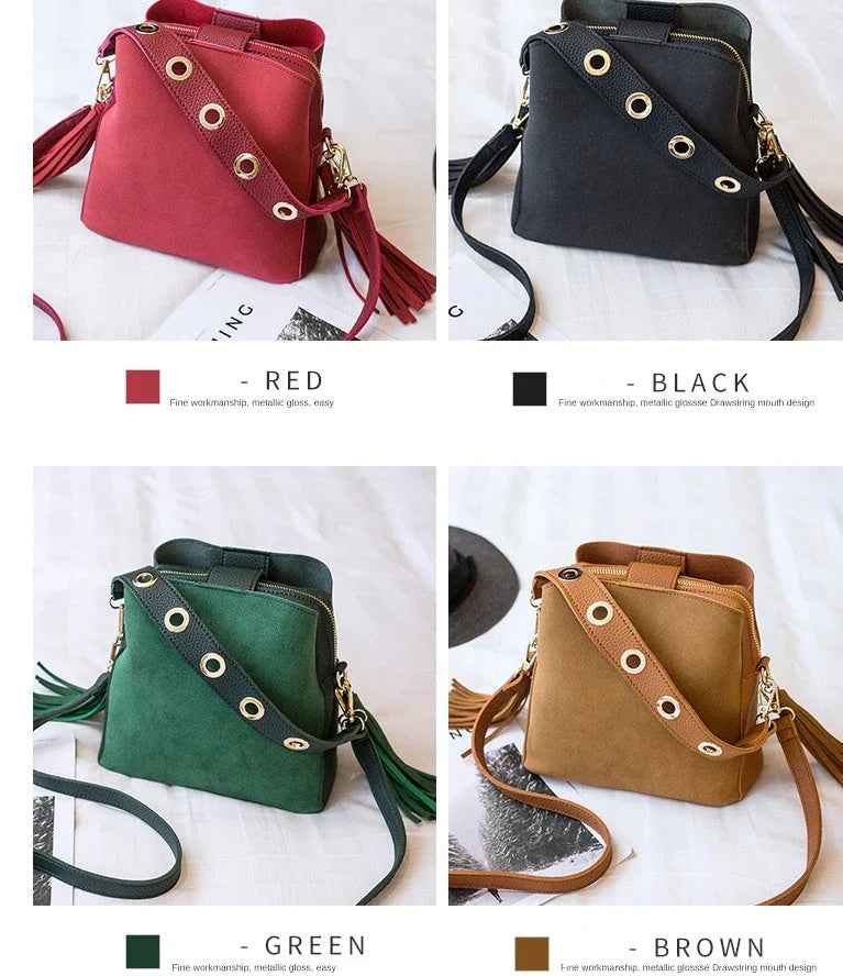 Stylish frosted tassel bucket bag in various colors, featuring a sleek and contemporary design with roomy interior and convenient pockets