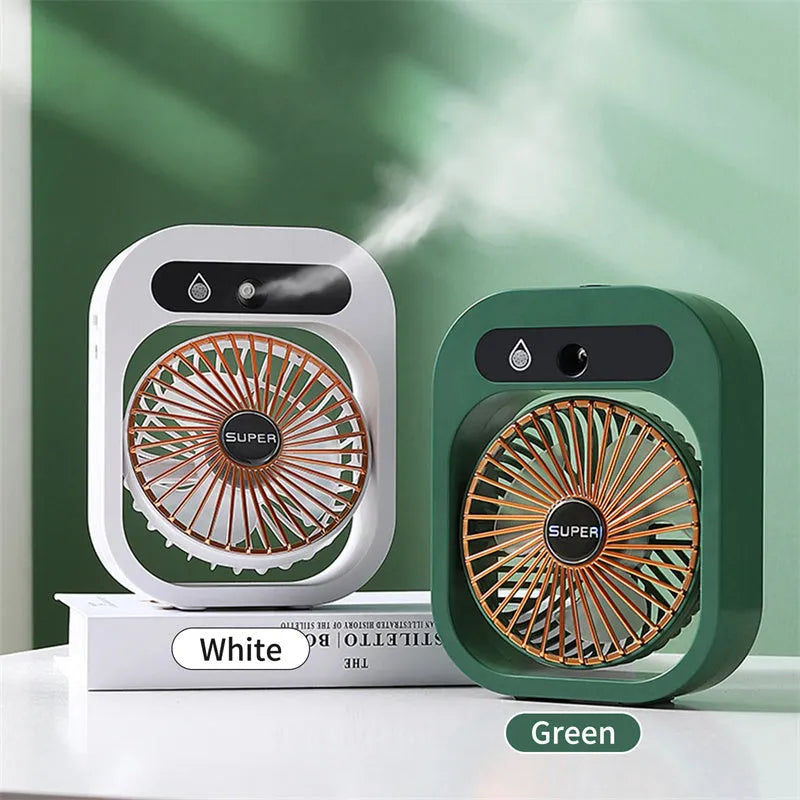 USB rechargeable air conditioning fan desk misting fan cooler with 3 wind speeds, portable spray fan humidifier for home indoor use, adjustable wind direction in green or white, 168x131x44cm brushless motor design