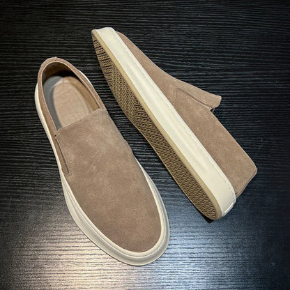 Men's grey and apricot casual shoes with mid heel, round toe, and sleeve-on design