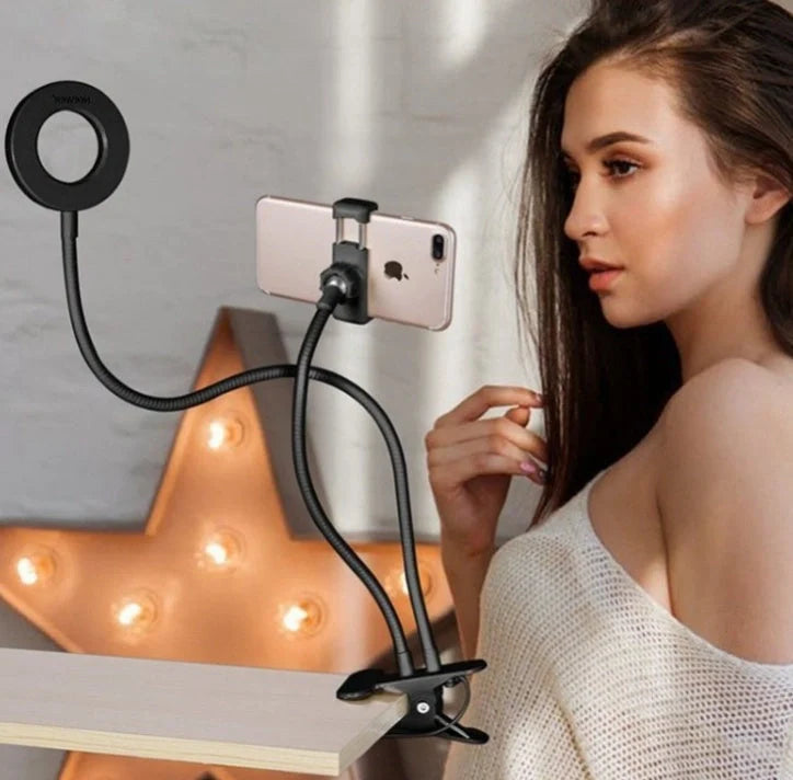 Adjustable LED Selfie Ring Light with universal phone holder and USB power