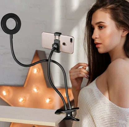 Adjustable LED Selfie Ring Light with universal phone holder and USB power
