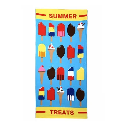 Large 150x70cm microfiber beach towel with colourful flamingo and summer ice cream printed designs