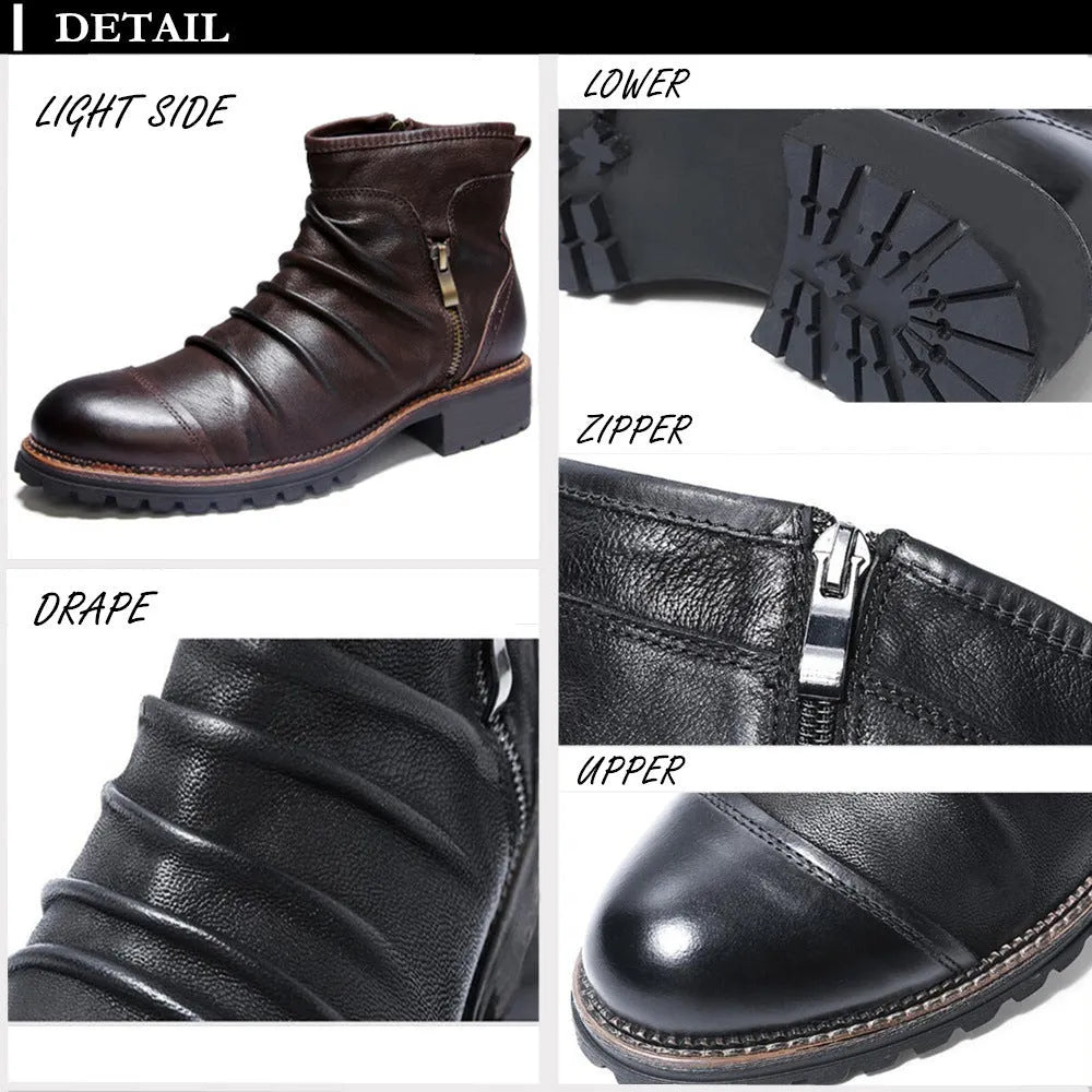 Black mid-calf cowboy boots with side zipper, round toe, and a horseshoe-shaped heel.
