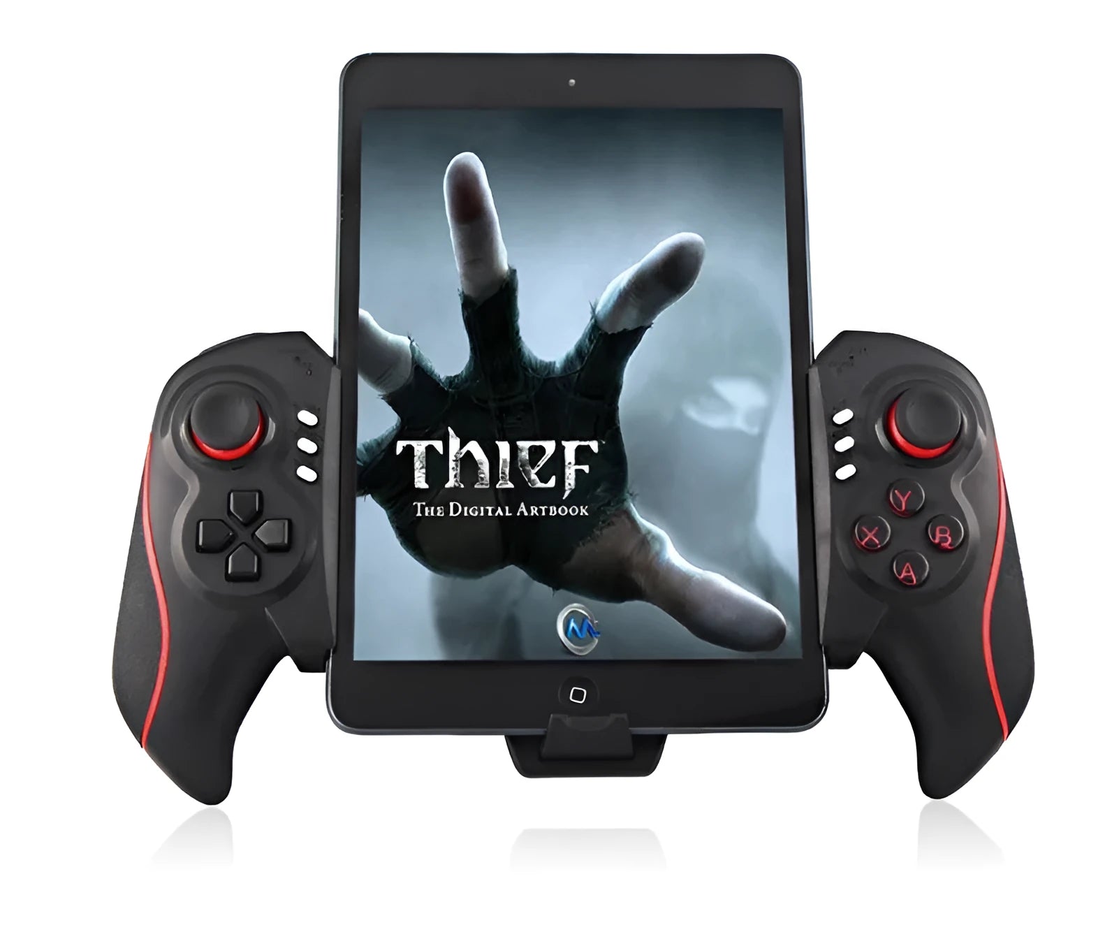 PG-9023 black wireless telescopic game controller expanded with a smartphone mounted in the centre.