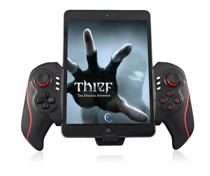 PG-9023 black wireless telescopic game controller expanded with a smartphone mounted in the centre.