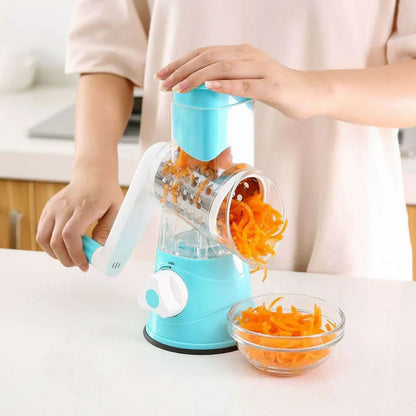 Hand drum rotary grater with stainless steel blades for vegetable preparation