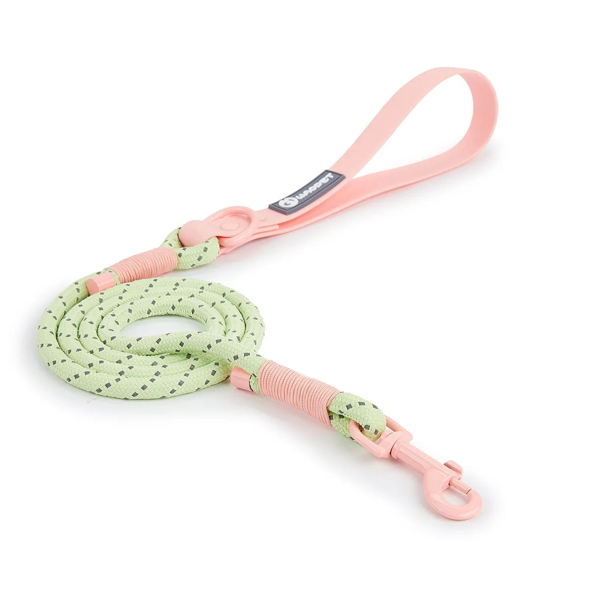Solid colour PVC dog hand holding rope leash in dark red purple yellow showing collar attachment.