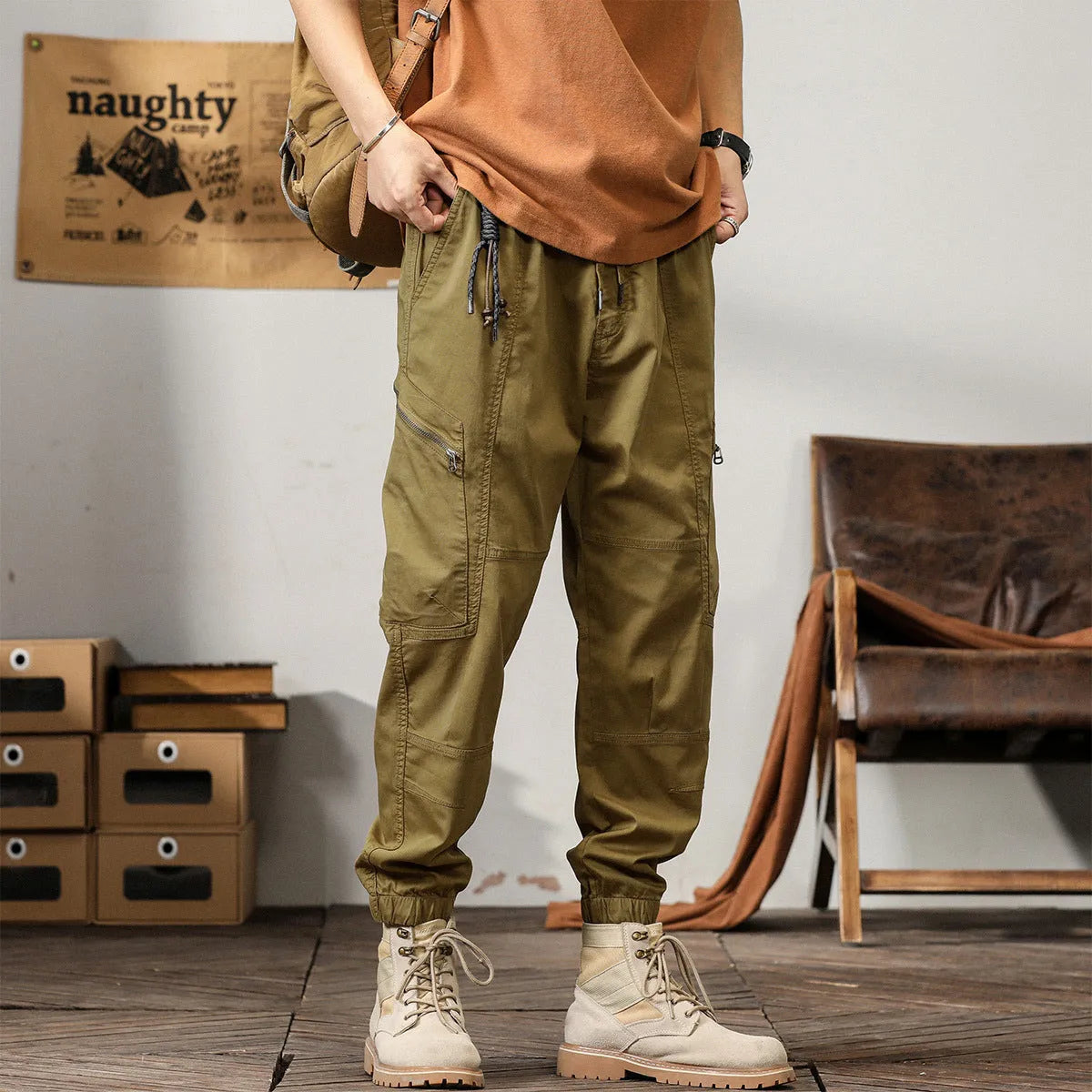 Men's cotton tapered harem trousers with ankle band in black colour