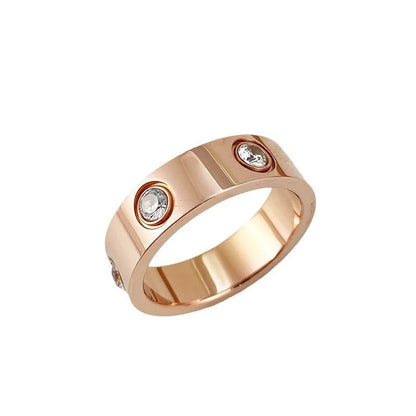 Titanium steel couple ring with six rhinestones, electroplated silver gold or rose gold, 4mm 5mm 6mm width