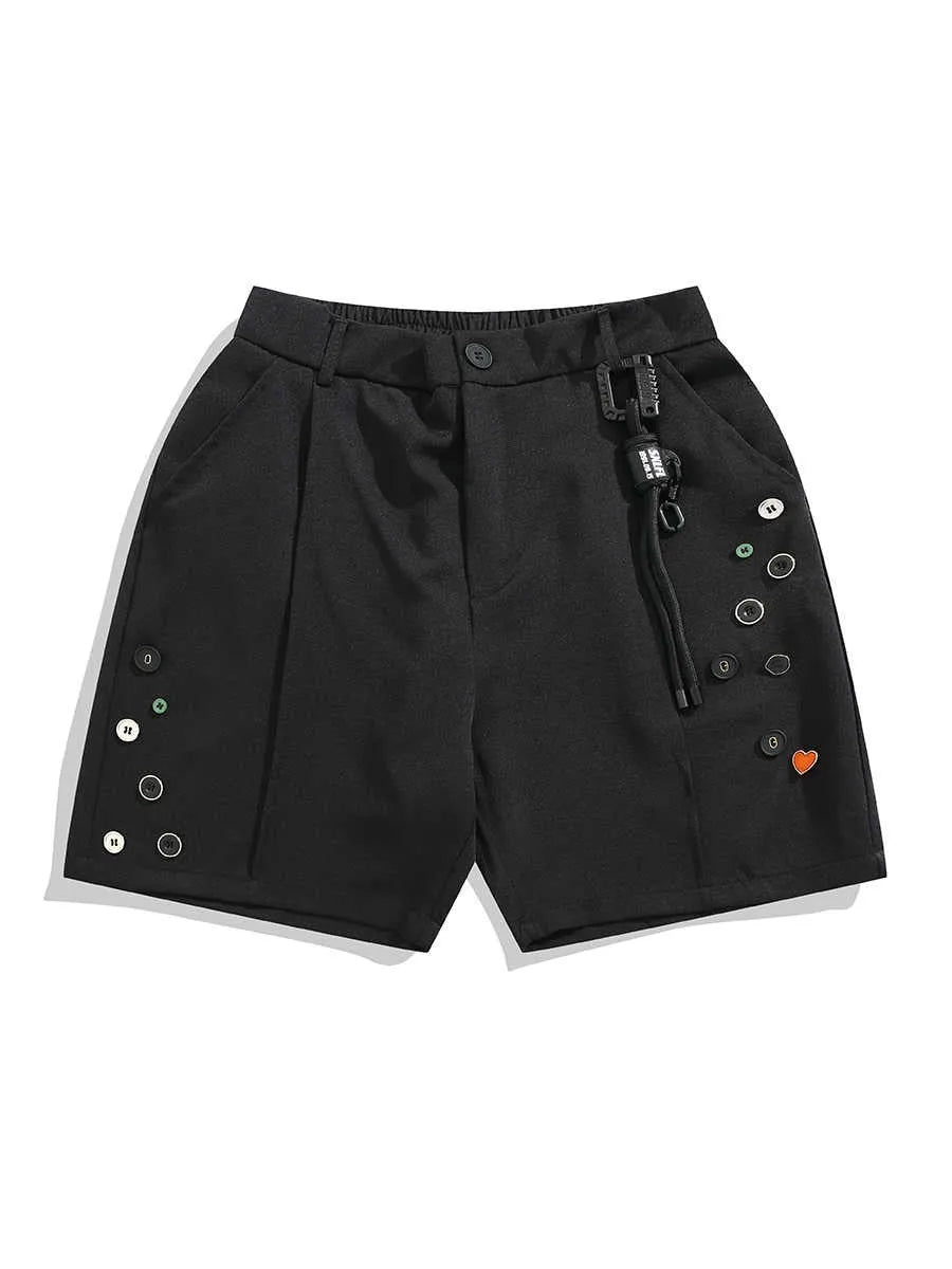 A pair of black loose-fit semi-elastic shorts with a colour button and zipper fly.