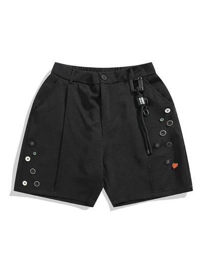 A pair of black loose-fit semi-elastic shorts with a colour button and zipper fly.