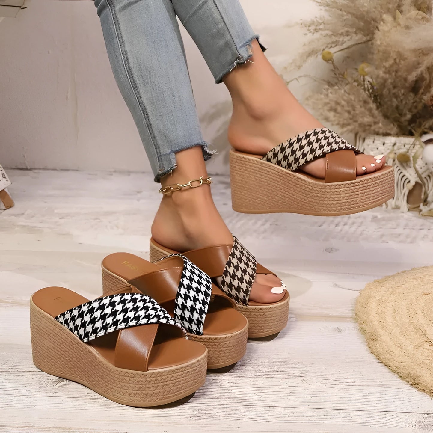 Women's brown leopard plaid wedge sandals with rubber sole on a white background
