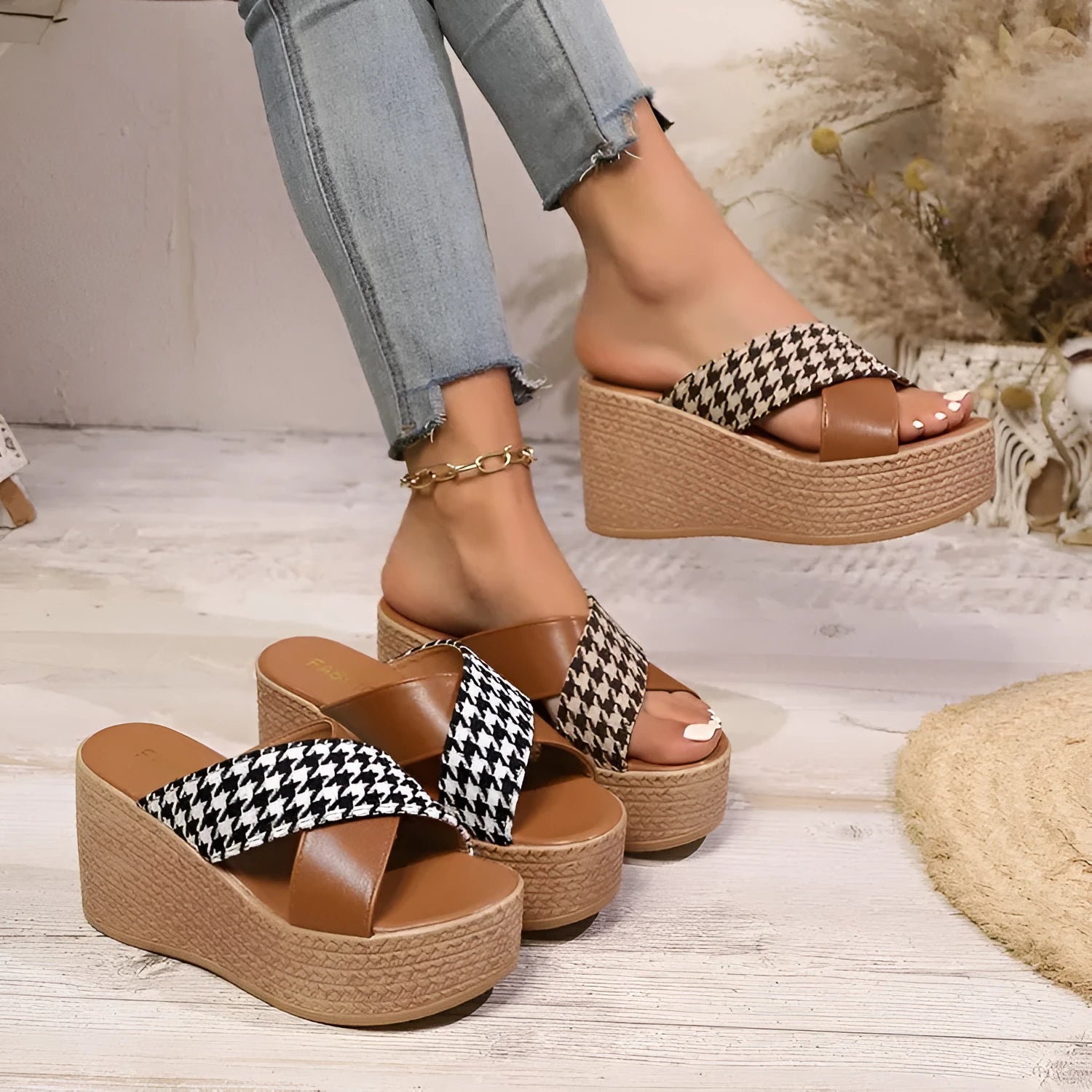 Women's brown leopard plaid wedge sandals with rubber sole on a white background