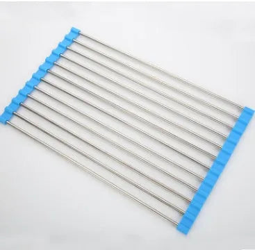 Folding stainless steel kitchen drain rack with coloured plastic tubes, shown open for use.