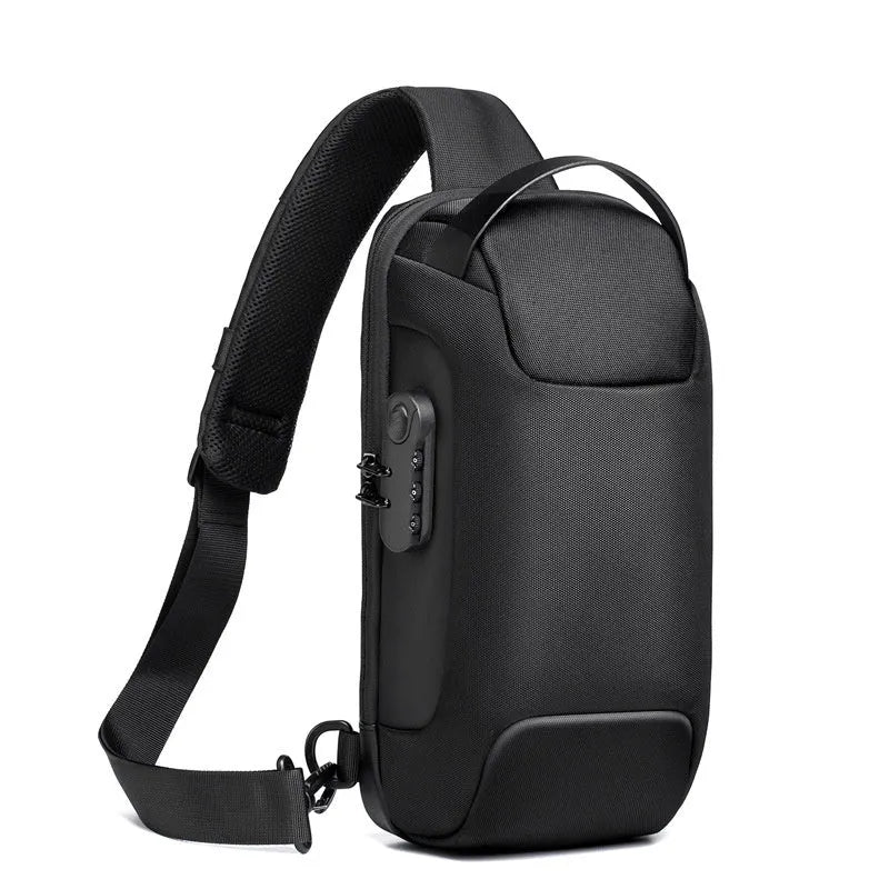 Men's waterproof Oxford crossbody sling bag in camouflage colour showing front zipper and strap.