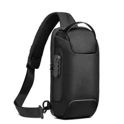 Men's waterproof Oxford crossbody sling bag in camouflage colour showing front zipper and strap.