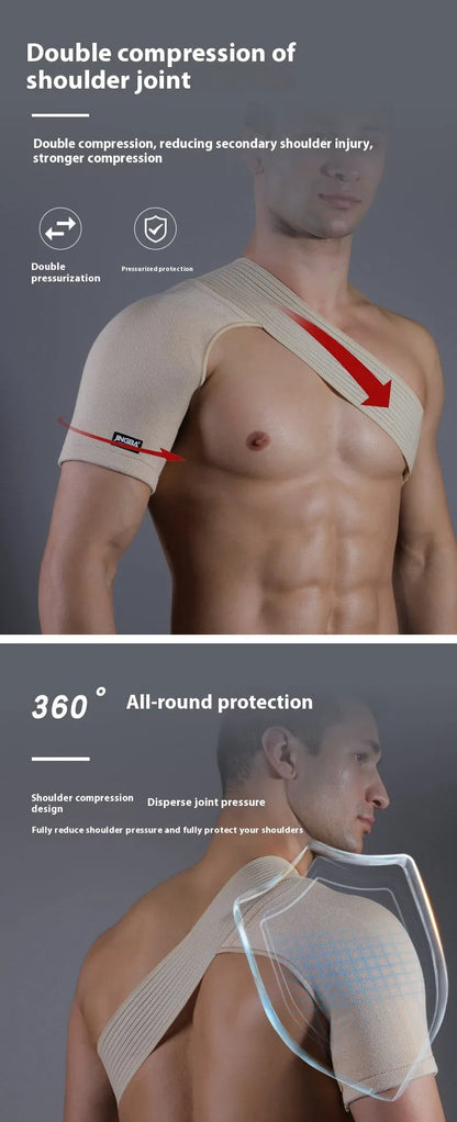 Adjustable skin-colour breathable shoulder support strap for sports like weightlifting and cycling.