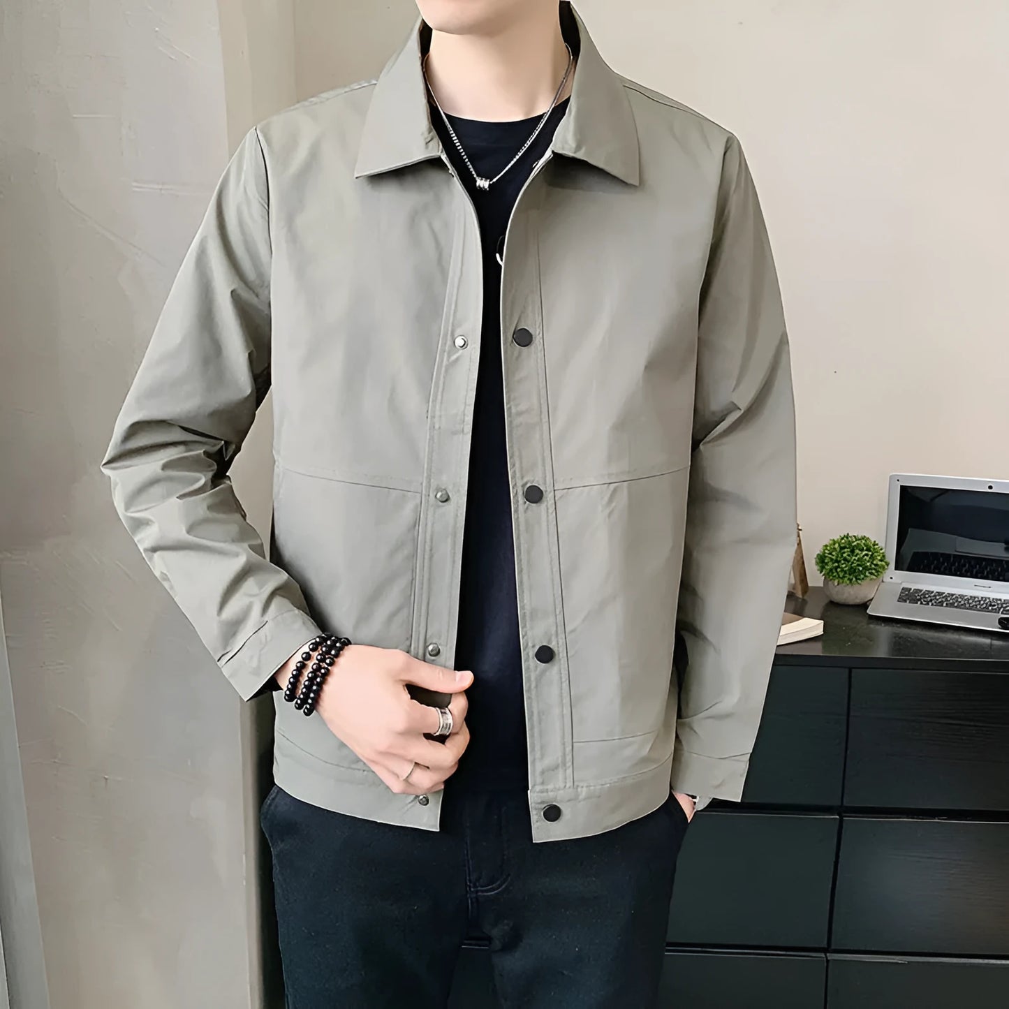 Men's single-layer Korean style jacket in light grey, showing front view and stitching detail.
