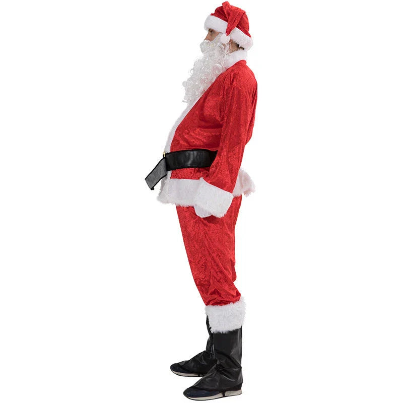 Premium Santa Claus costume with red and white design, including hat, top, pants, belt, boot covers, gloves, and beard