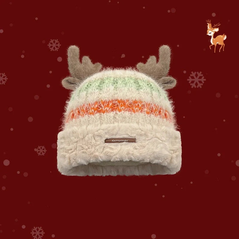 Christmas knitted hat with deer antler design in various colours