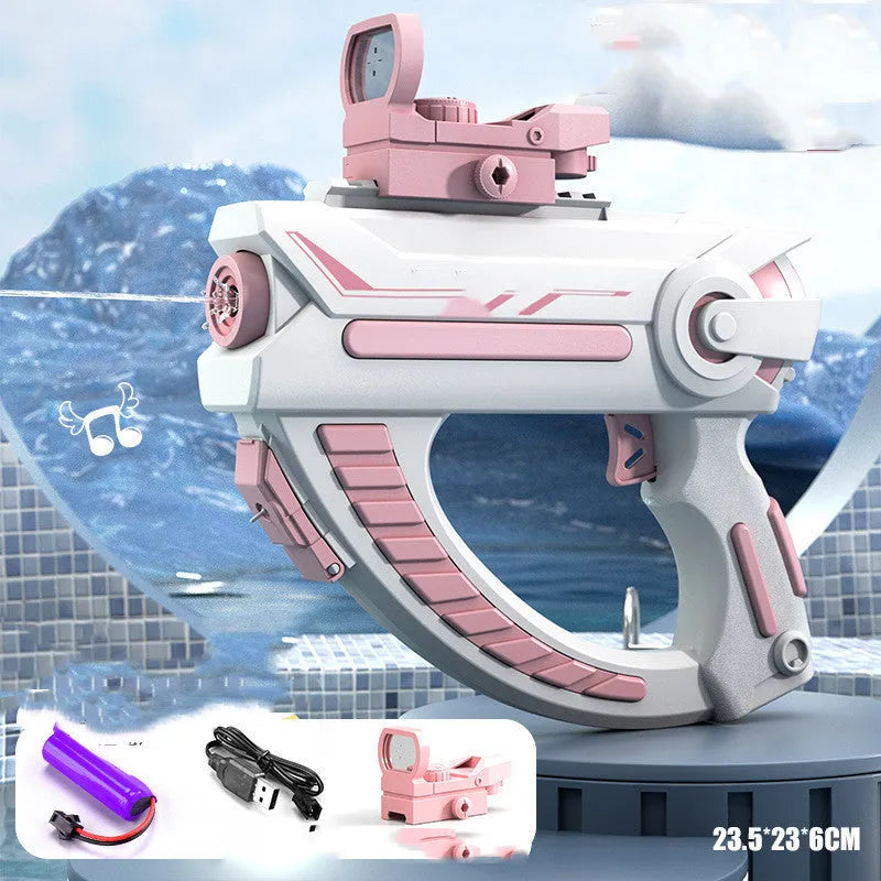 Blue automatic electric water gun toy with USB charging cable on a summer background