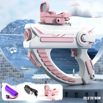 Blue automatic electric water gun toy with USB charging cable on a summer background