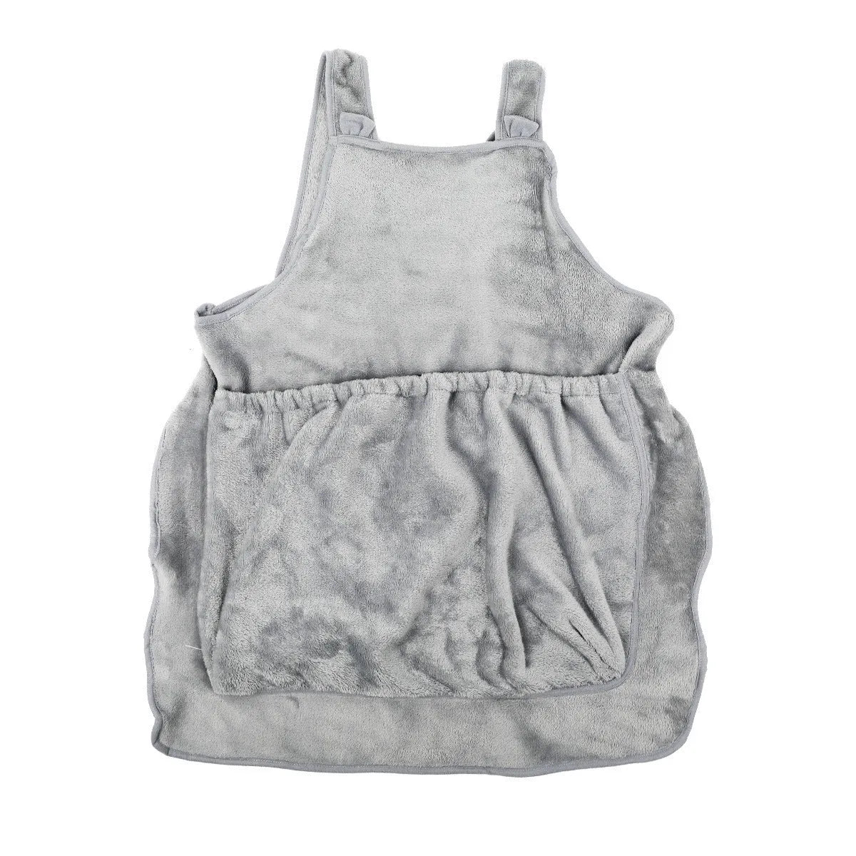 Beige plush pet carrier apron with adjustable neck strap and fresh air opening for small cat or dog
