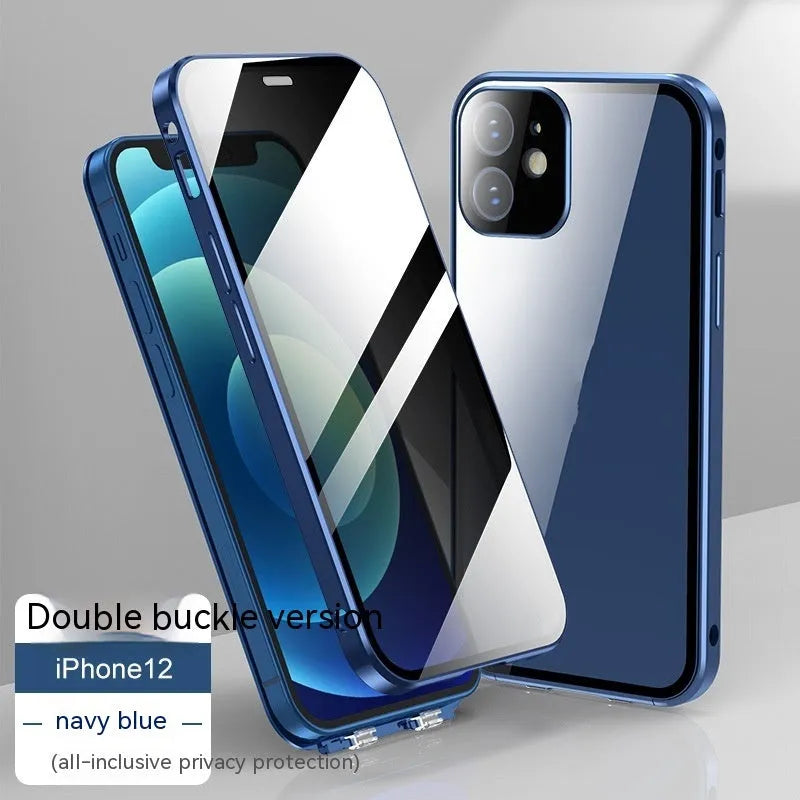 Glass phone case with double-sided buckle for Apple iPhone in multiple colours.