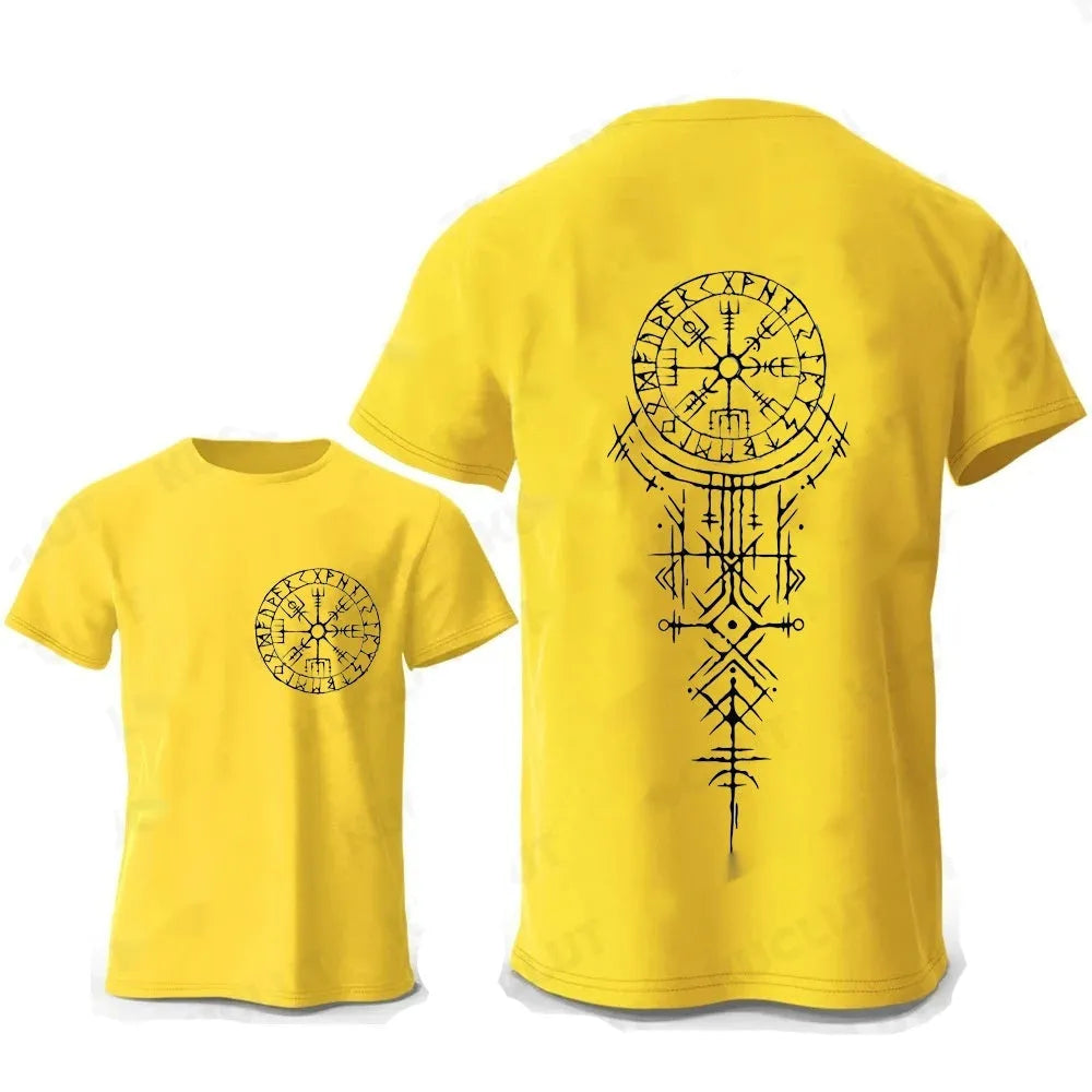 Men's grey cotton T-shirt with a detailed Viking rune compass graphic on the chest.