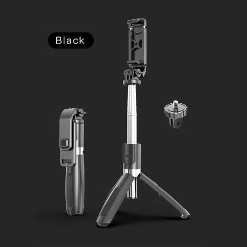 Black and white Bluetooth selfie stick extended with phone mounted, showing wireless remote and tripod base