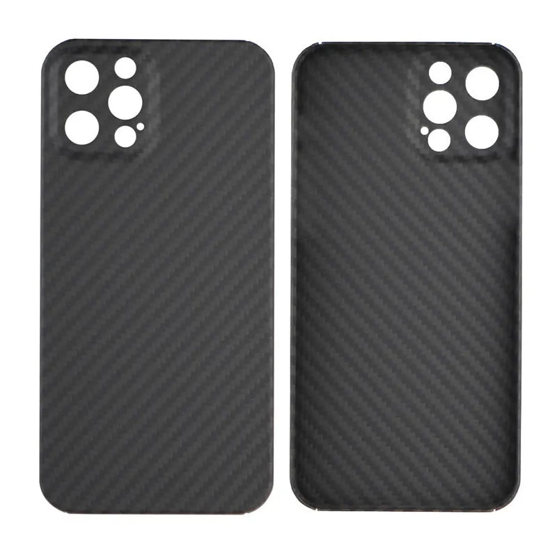 Matt black Kevlar fibre iPhone case with volcano crater texture shown on an iPhone 14 Pro.