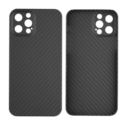 Matt black Kevlar fibre iPhone case with volcano crater texture shown on an iPhone 14 Pro.