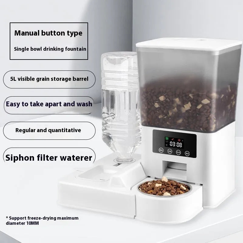 Smart pet feeder with stainless steel bowl and 5L capacity reservoir in multiple control versions